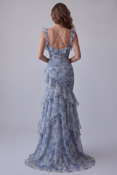 Mermaid Dusty Blue V-Neck Ruched Floral Long Formal Dress with Ruffles