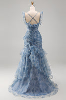 Load image into Gallery viewer, Mermaid Dusty Blue V-Neck Ruched Floral Long Formal Dress with Ruffles