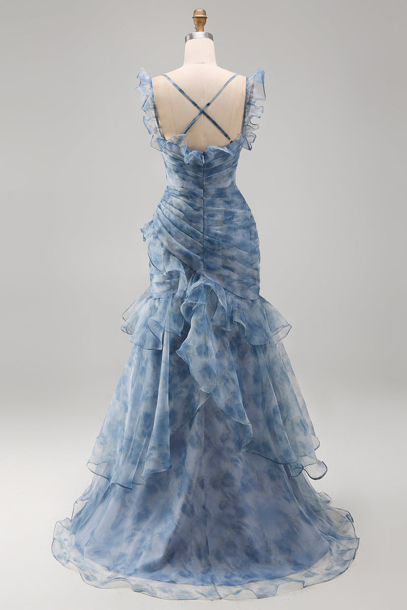 Load image into Gallery viewer, Mermaid Dusty Blue V-Neck Ruched Floral Long Formal Dress with Ruffles