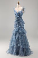 Load image into Gallery viewer, Mermaid Dusty Blue V-Neck Ruched Floral Long Formal Dress with Ruffles