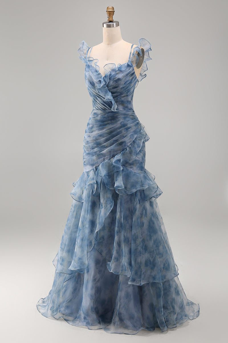 Load image into Gallery viewer, Mermaid Dusty Blue V-Neck Ruched Floral Long Formal Dress with Ruffles