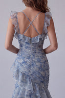 Load image into Gallery viewer, Mermaid Dusty Blue V-Neck Ruched Floral Long Formal Dress with Ruffles