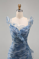 Load image into Gallery viewer, Mermaid Dusty Blue V-Neck Ruched Floral Long Formal Dress with Ruffles
