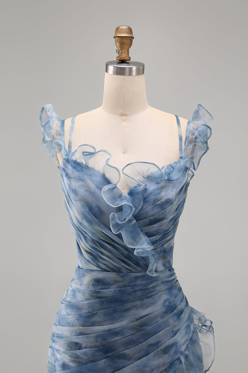 Load image into Gallery viewer, Mermaid Dusty Blue V-Neck Ruched Floral Long Formal Dress with Ruffles