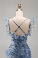 Load image into Gallery viewer, Mermaid Dusty Blue V-Neck Ruched Floral Long Formal Dress with Ruffles