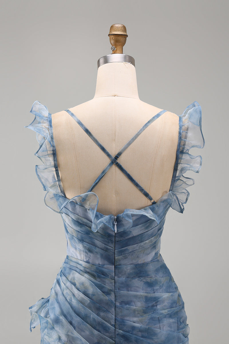 Load image into Gallery viewer, Mermaid Dusty Blue V-Neck Ruched Floral Long Formal Dress with Ruffles