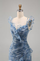 Load image into Gallery viewer, Mermaid Dusty Blue V-Neck Ruched Floral Long Formal Dress with Ruffles