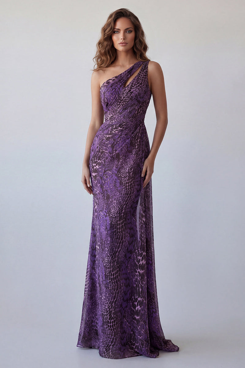 Load image into Gallery viewer, Cut Out Purple One Shoulder Leopard Print Mermaid Long Formal Dress with Side Cape