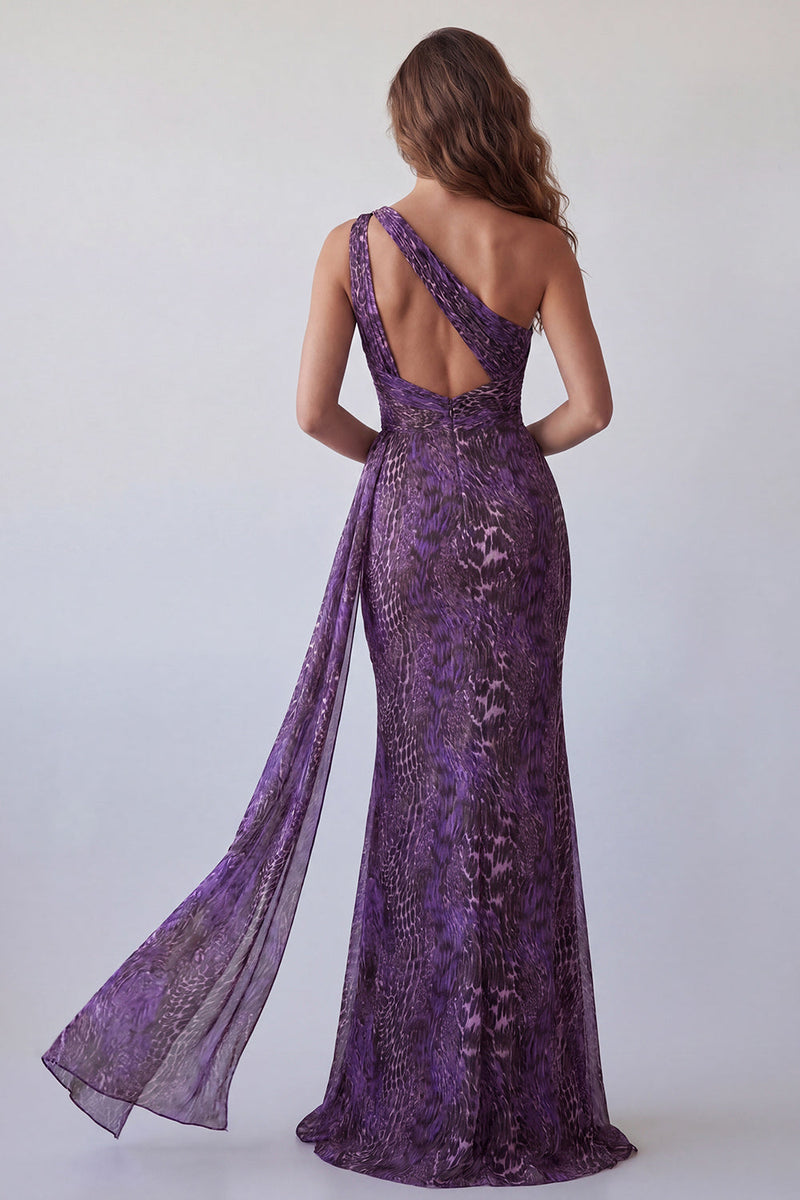 Load image into Gallery viewer, Cut Out Purple One Shoulder Leopard Print Mermaid Long Formal Dress with Side Cape
