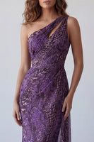Load image into Gallery viewer, Cut Out Purple One Shoulder Leopard Print Mermaid Long Formal Dress with Side Cape