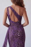 Load image into Gallery viewer, Cut Out Purple One Shoulder Leopard Print Mermaid Long Formal Dress with Side Cape