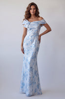 Load image into Gallery viewer, Off the Shoulder Floral Sky Blue Mermaid Long Formal Dress