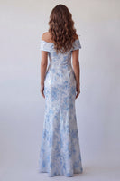 Load image into Gallery viewer, Off the Shoulder Floral Sky Blue Mermaid Long Formal Dress