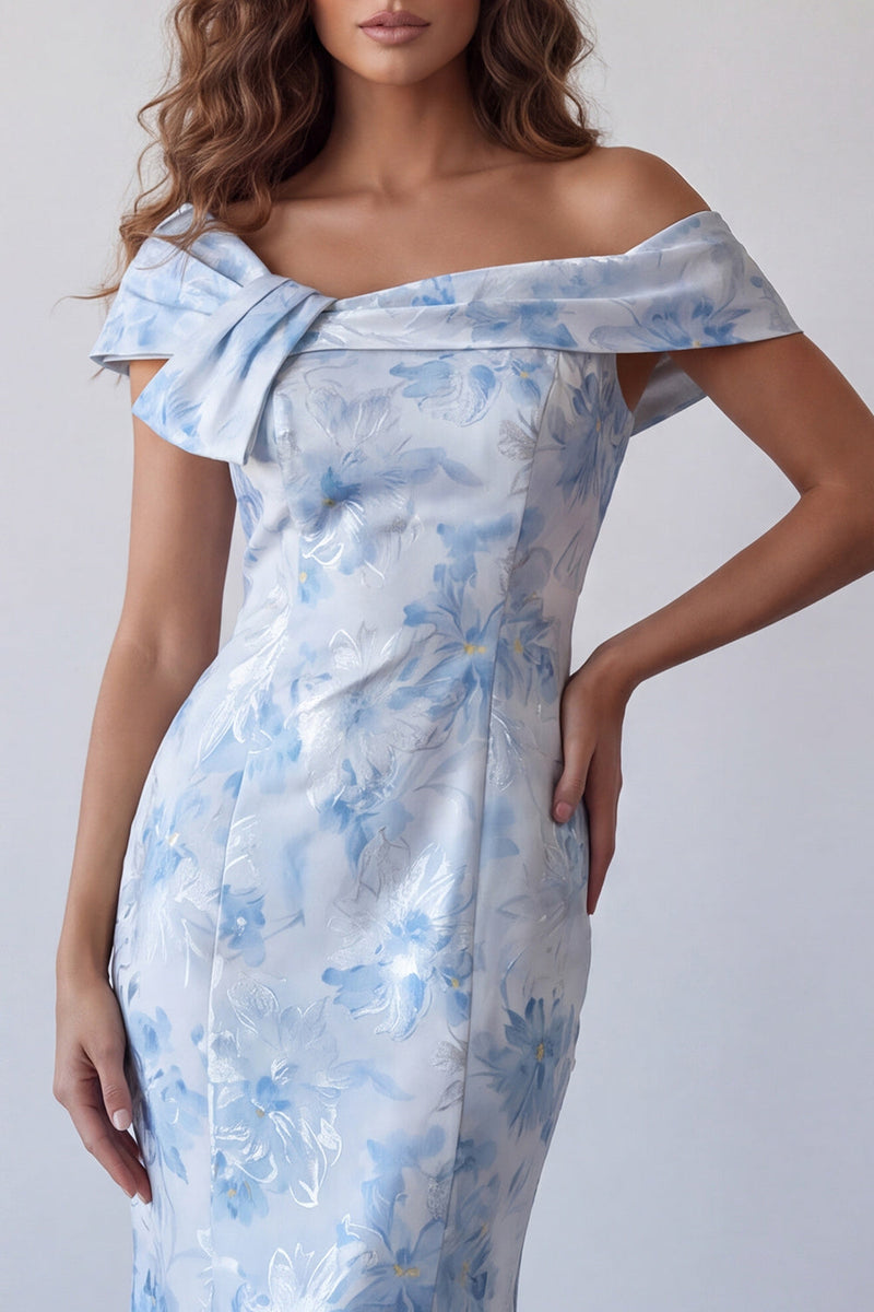 Load image into Gallery viewer, Off the Shoulder Floral Sky Blue Mermaid Long Formal Dress