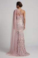 Load image into Gallery viewer, Sparkly Mermaid Long Beaded Pink Mother of the Bride Dress with Side Cape