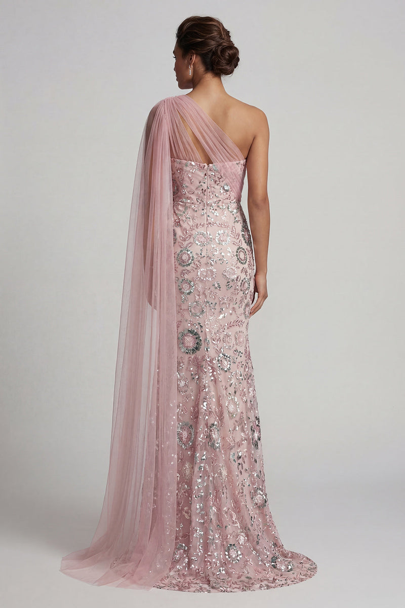 Load image into Gallery viewer, Sparkly Mermaid Long Beaded Pink Mother of the Bride Dress with Side Cape