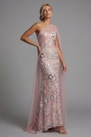 Load image into Gallery viewer, Sparkly Mermaid Long Beaded Pink Mother of the Bride Dress with Side Cape