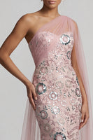 Load image into Gallery viewer, Sparkly Mermaid Long Beaded Pink Mother of the Bride Dress with Side Cape
