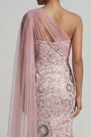 Load image into Gallery viewer, Sparkly Mermaid Long Beaded Pink Mother of the Bride Dress with Side Cape