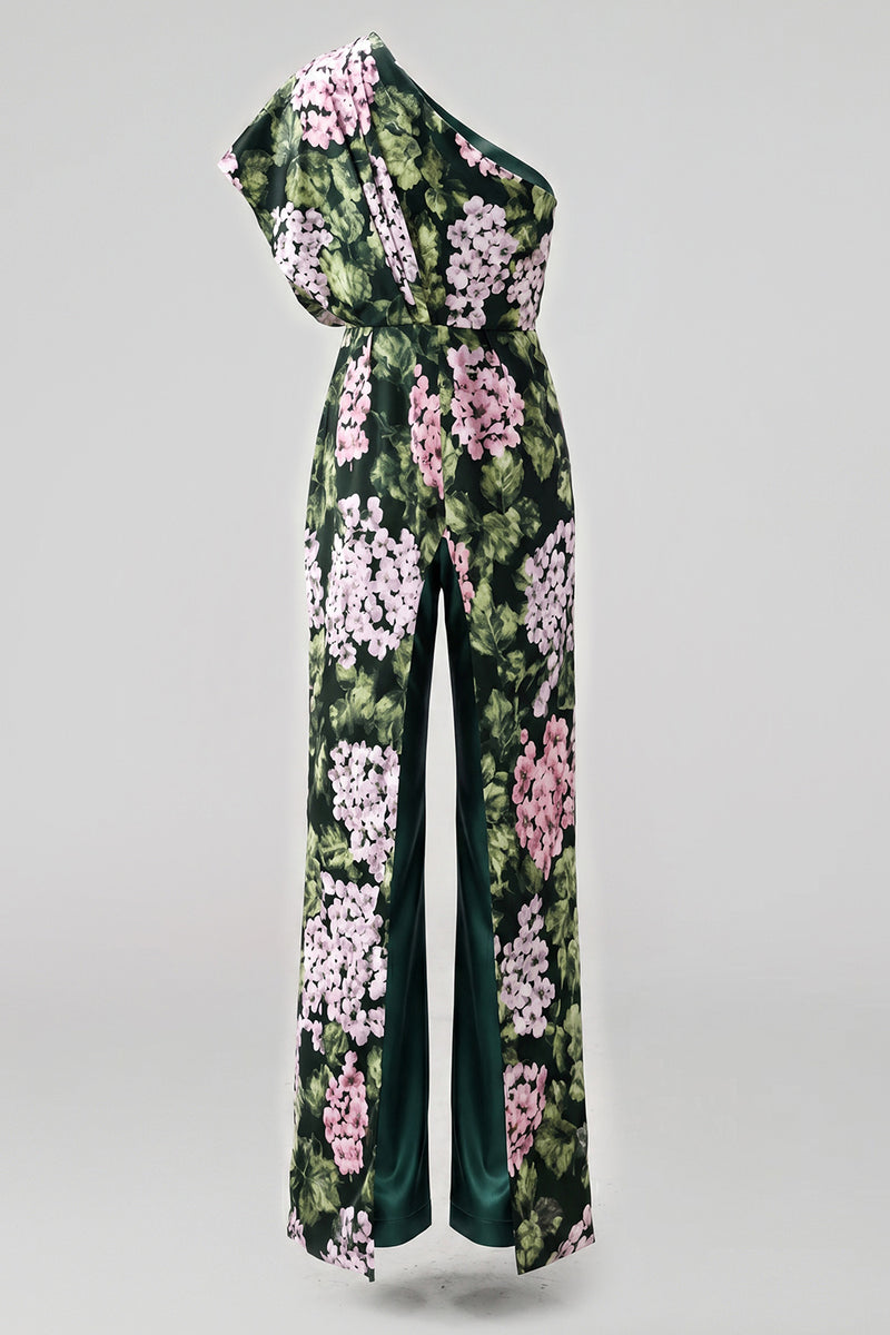 Load image into Gallery viewer, Dark Green One Shoulder Floral Long Mother of the Bride Pantsuits with Pockets