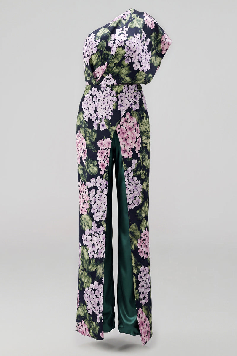 Load image into Gallery viewer, Dark Green One Shoulder Floral Long Mother of the Bride Pantsuits with Pockets