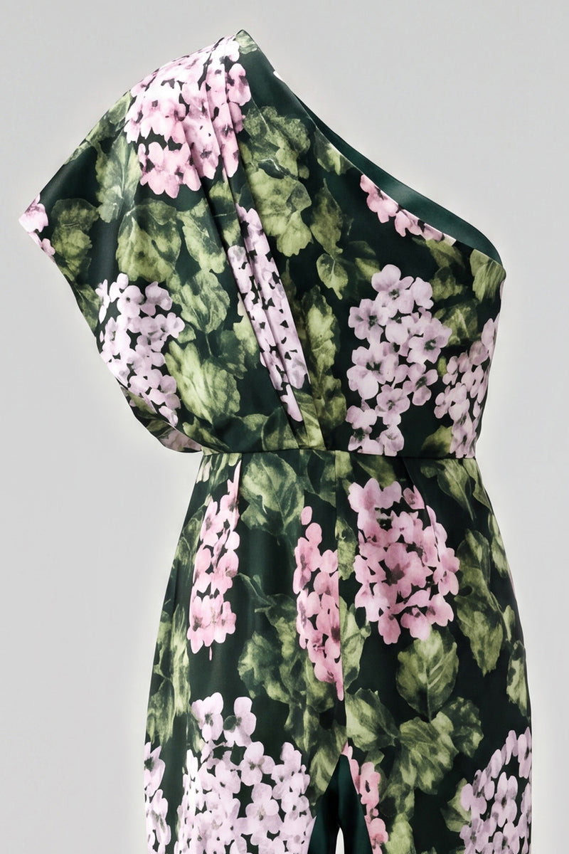 Load image into Gallery viewer, Dark Green One Shoulder Floral Long Mother of the Bride Pantsuits with Pockets