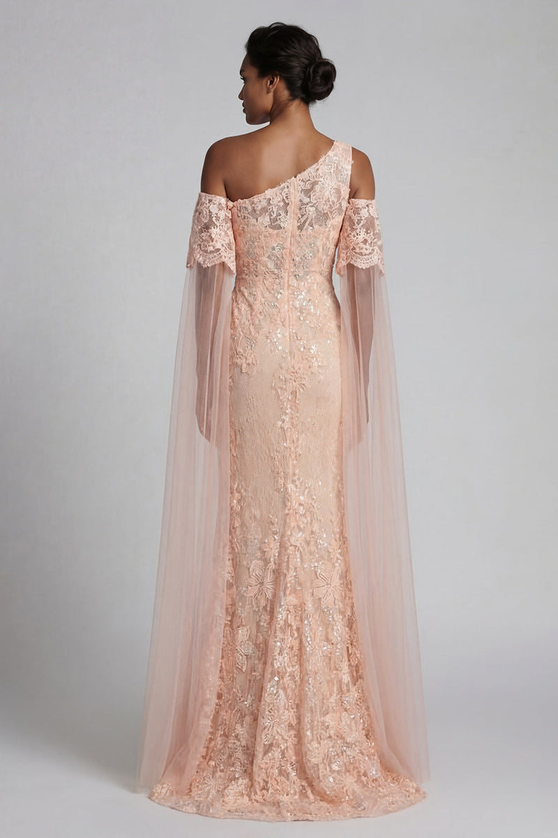 Load image into Gallery viewer, Sparkly Peach Floral Mermaid Beaded Long Mother of the Bride Dress with Cape