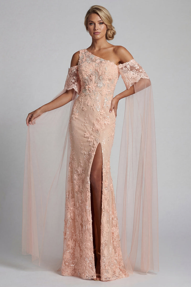 Load image into Gallery viewer, Sparkly Peach Floral Mermaid Beaded Long Mother of the Bride Dress with Cape