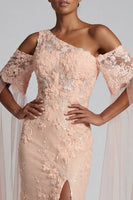 Load image into Gallery viewer, Sparkly Peach Floral Mermaid Beaded Long Mother of the Bride Dress with Cape
