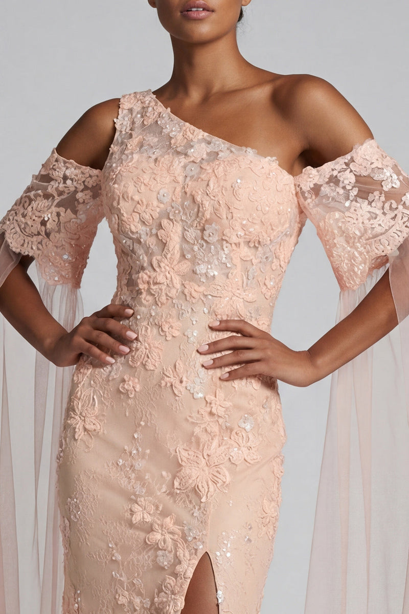 Load image into Gallery viewer, Sparkly Peach Floral Mermaid Beaded Long Mother of the Bride Dress with Cape