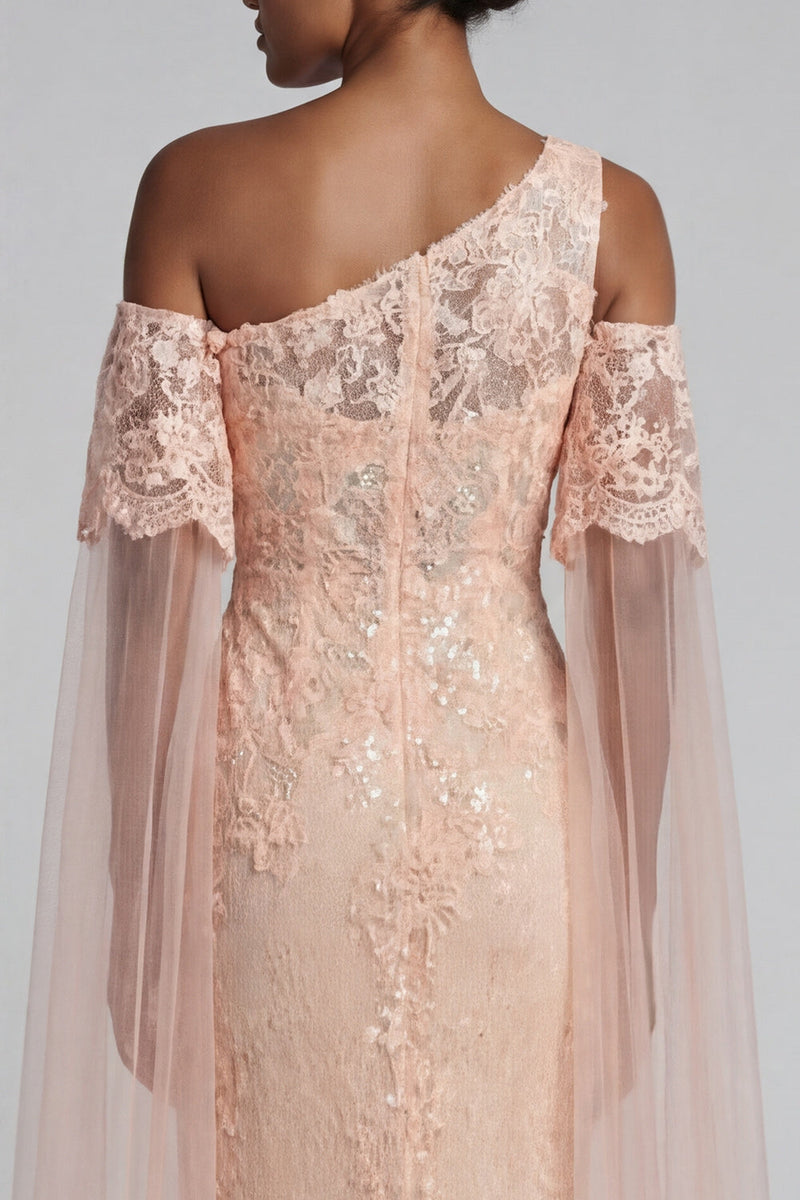 Load image into Gallery viewer, Sparkly Peach Floral Mermaid Beaded Long Mother of the Bride Dress with Cape
