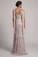 Load image into Gallery viewer, Sparkly Long Beaded Boat Neck Mermaid Pink Mother of the Bride Dress with Bows