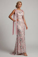 Load image into Gallery viewer, Sparkly Long Beaded Boat Neck Mermaid Pink Mother of the Bride Dress with Bows