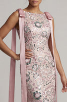 Load image into Gallery viewer, Sparkly Long Beaded Boat Neck Mermaid Pink Mother of the Bride Dress with Bows