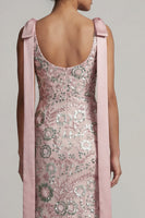 Load image into Gallery viewer, Sparkly Long Beaded Boat Neck Mermaid Pink Mother of the Bride Dress with Bows