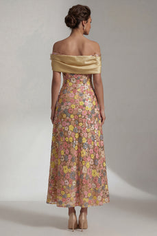 Sparkly Long Off the Shoulder Yellow A Line Mother of the Bride Dress with 3D Flower