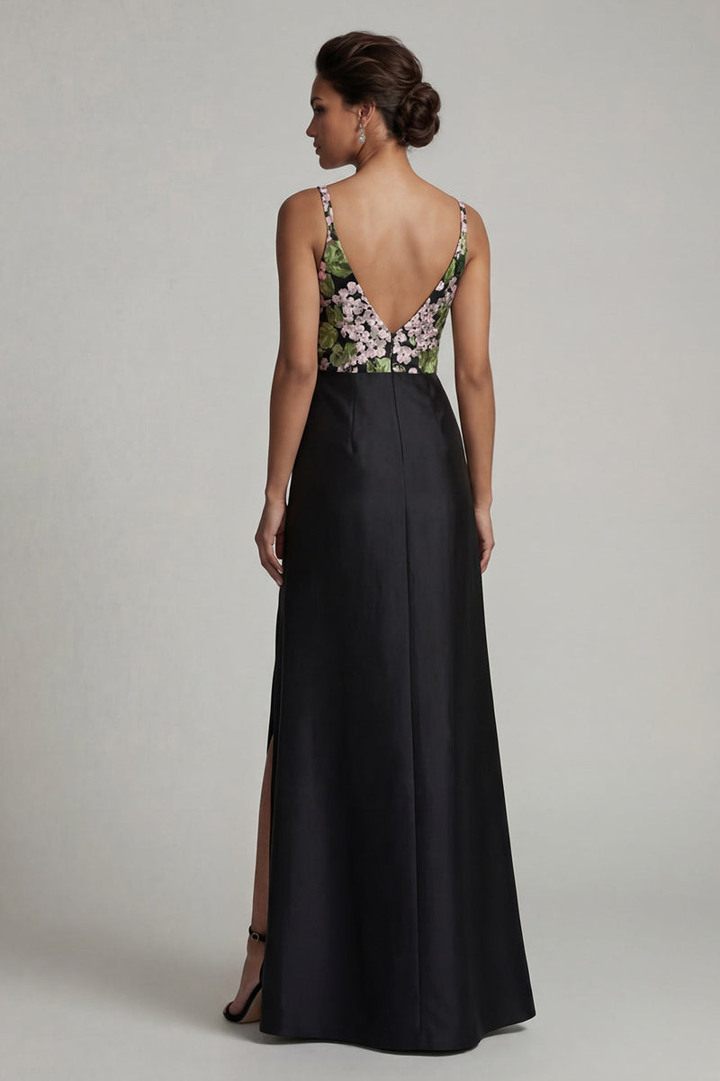 Load image into Gallery viewer, Black Floral Long V-Neck Mother of the Bride Dress with Slit