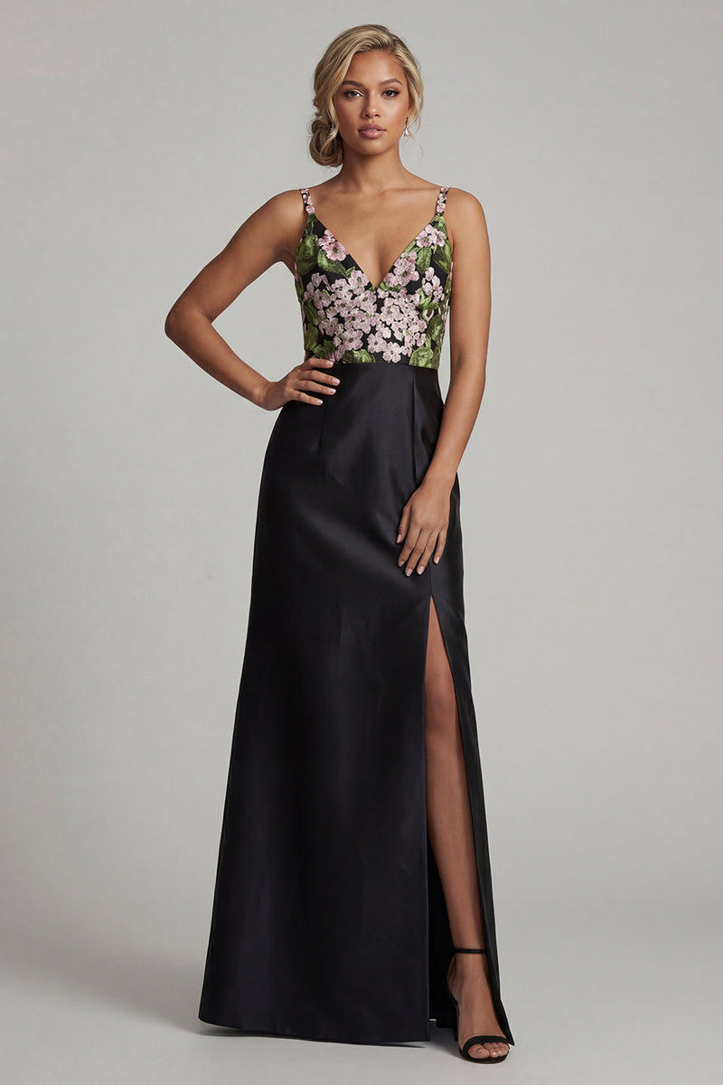 Load image into Gallery viewer, Black Floral Long V-Neck Mother of the Bride Dress with Slit