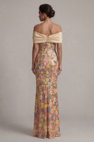 Load image into Gallery viewer, Sparkly Off the Shoulder Floral Yellow Mermaid Long Mother of the Bride Dress with Bow