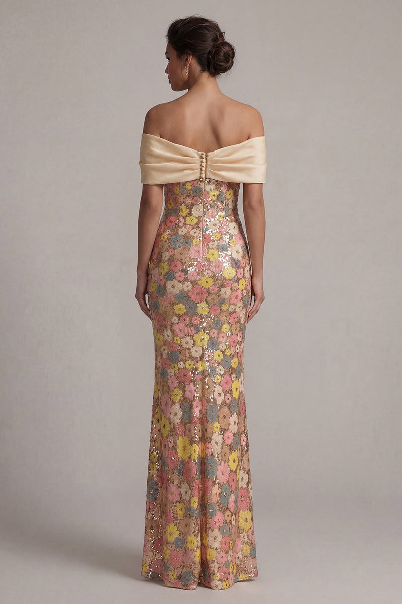 Load image into Gallery viewer, Sparkly Off the Shoulder Floral Yellow Mermaid Long Mother of the Bride Dress with Bow