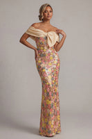 Load image into Gallery viewer, Sparkly Off the Shoulder Floral Yellow Mermaid Long Mother of the Bride Dress with Bow