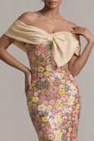 Load image into Gallery viewer, Sparkly Off the Shoulder Floral Yellow Mermaid Long Mother of the Bride Dress with Bow