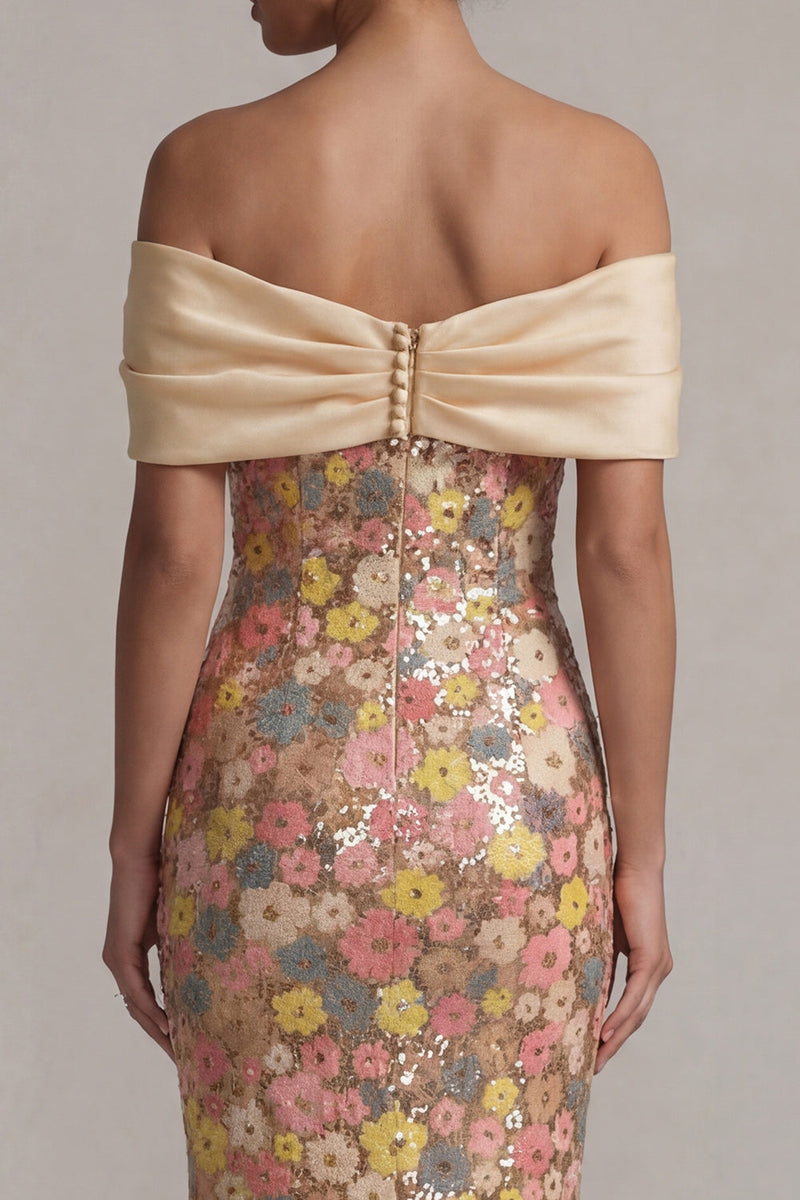 Load image into Gallery viewer, Sparkly Off the Shoulder Floral Yellow Mermaid Long Mother of the Bride Dress with Bow