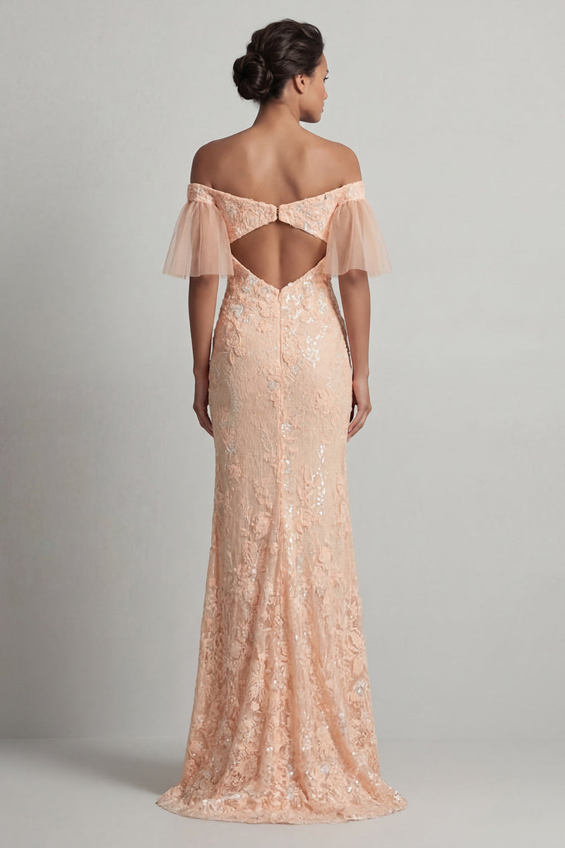 Load image into Gallery viewer, Long Beaded Sparkly Peach Mermaid Floral Mother of the Bride Dress with Slit