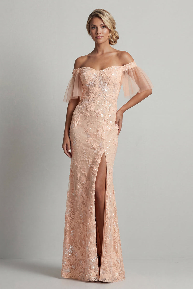 Load image into Gallery viewer, Long Beaded Sparkly Peach Mermaid Floral Mother of the Bride Dress with Slit