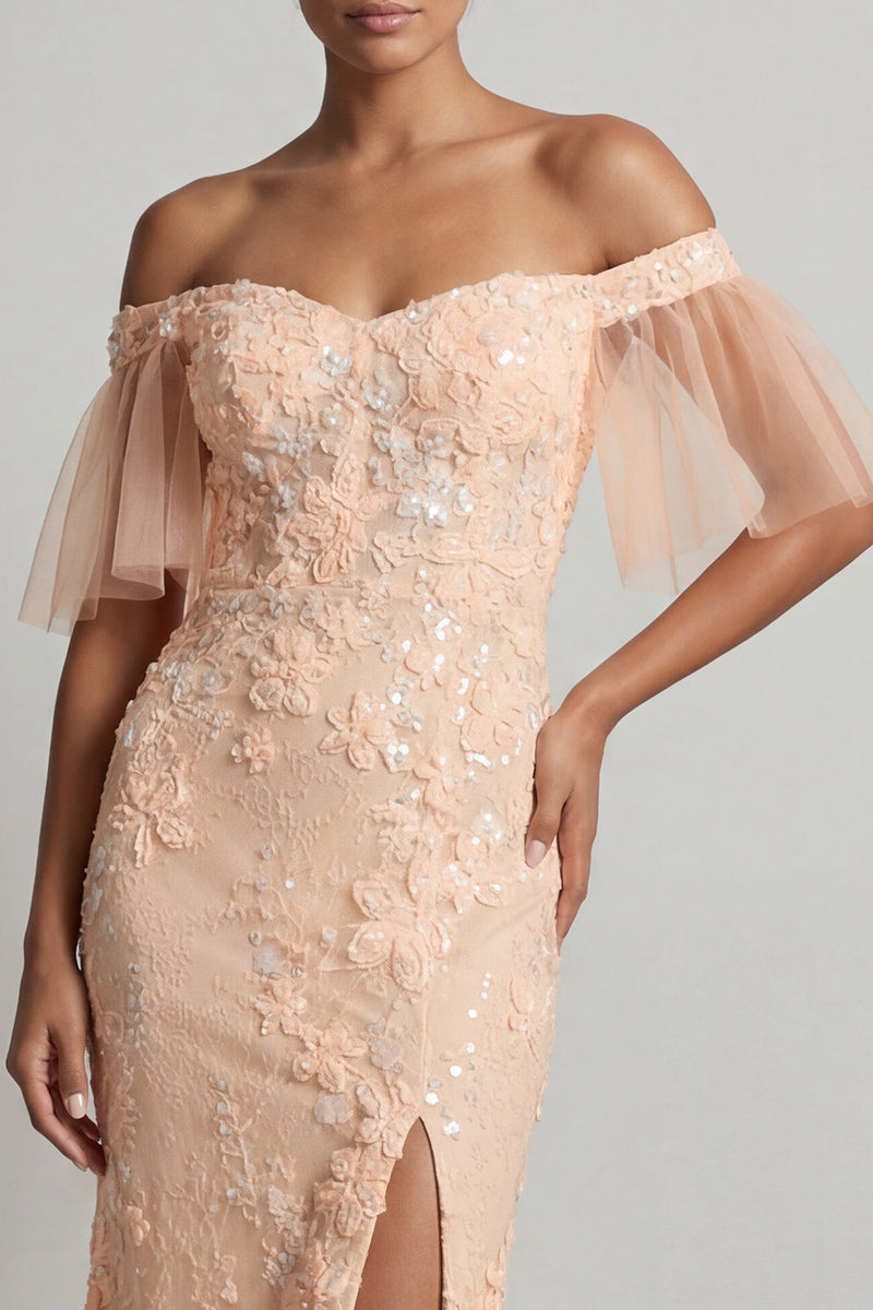 Load image into Gallery viewer, Long Beaded Sparkly Peach Mermaid Floral Mother of the Bride Dress with Slit