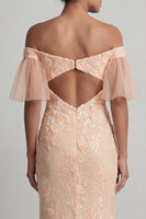 Load image into Gallery viewer, Long Beaded Sparkly Peach Mermaid Floral Mother of the Bride Dress with Slit