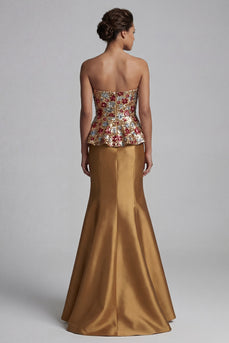 Sparkly Strapless Floral Mermaid Gold Long Mother of the Bride Dress with Sequins