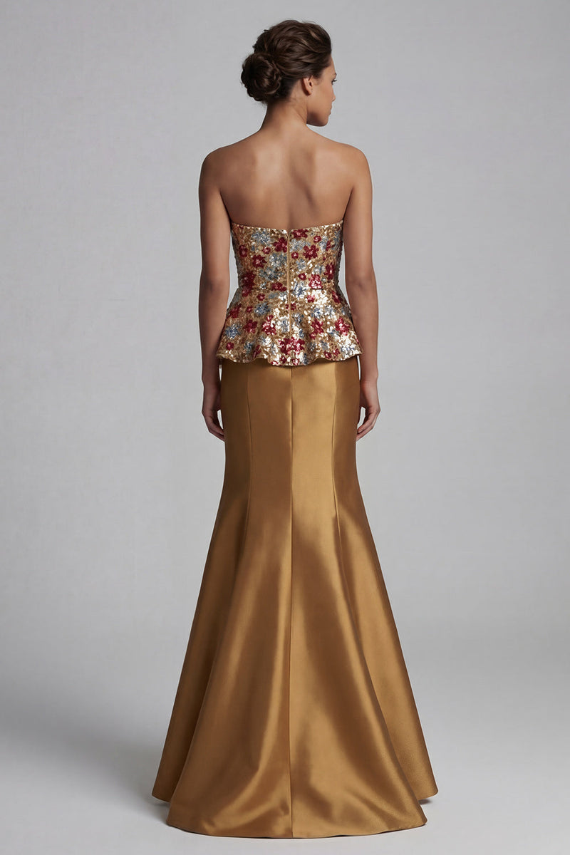Load image into Gallery viewer, Sparkly Strapless Floral Mermaid Gold Long Mother of the Bride Dress with Sequins