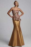 Load image into Gallery viewer, Sparkly Strapless Floral Mermaid Gold Long Mother of the Bride Dress with Sequins